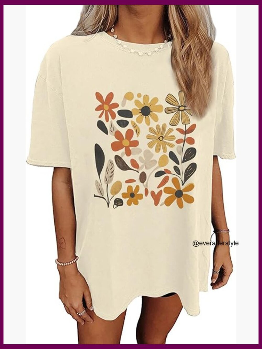 Oversized Graphic T-Shirt Vintage Floral Print Cotton Blend